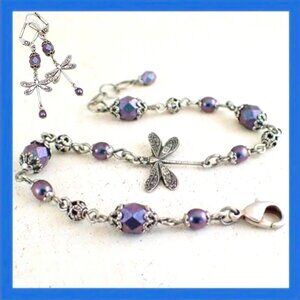Dainty Lavender and Aqua Beaded Dragonfly Bracelet and Earring Set